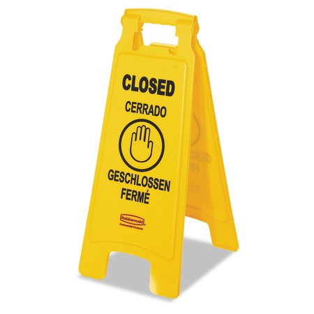 RUBBERMAID COMMERCIAL Multilingual "Closed" Sign, 2-Sided, Plastic, 11w x 12d x 25h, Yellow FG611278YEL